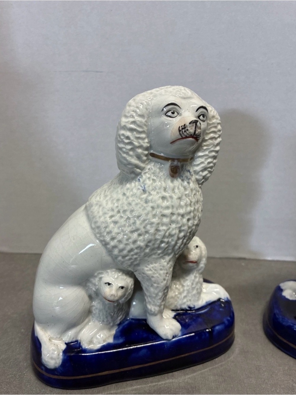 Pair Of Staffordshire 19 c. Poodle Mum With 2 Pups Cobalt Base Gilt Trim - Picture 4 of 16
